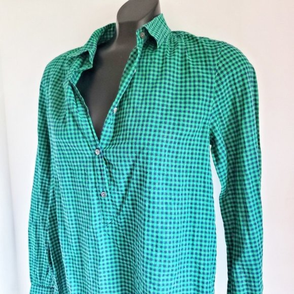 J. CREW Gathered Popover Gingham Navy Green Plaid 2 - Picture 6 of 9
